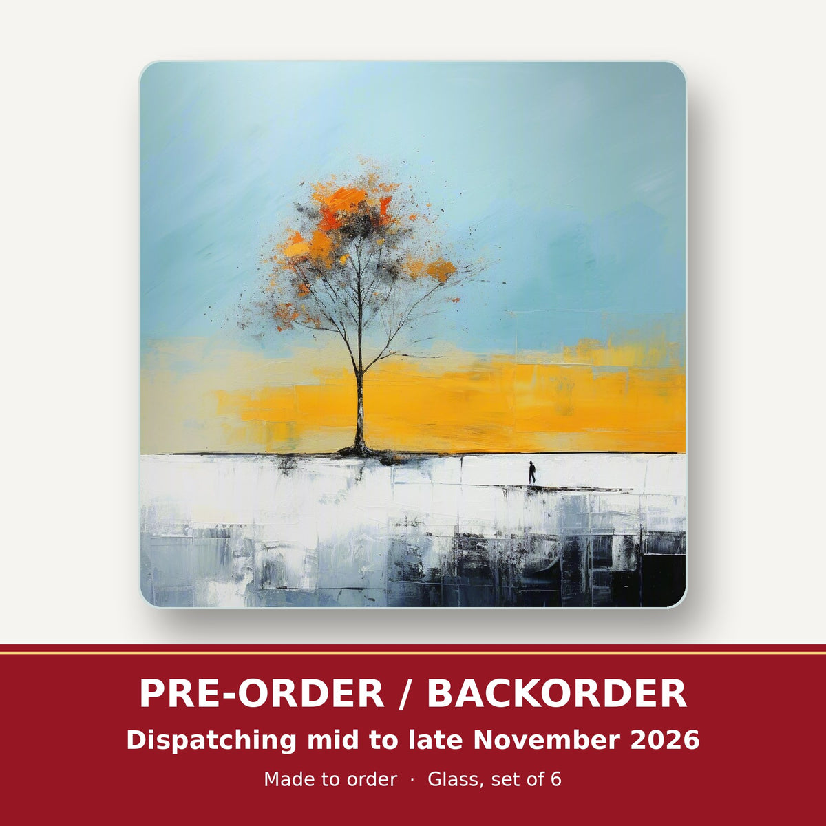 Lone Tree Abstract Landscape square glass coaster set of 6 – pre-order / backorder, dispatching mid to late November 2026