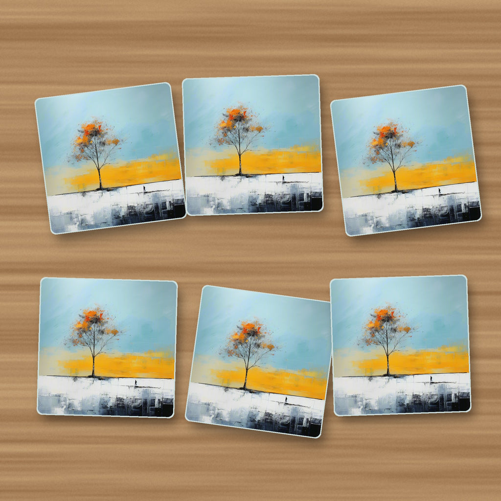 Lone Tree Abstract Landscape square glass coasters, set of 6, on an oak coffee table
