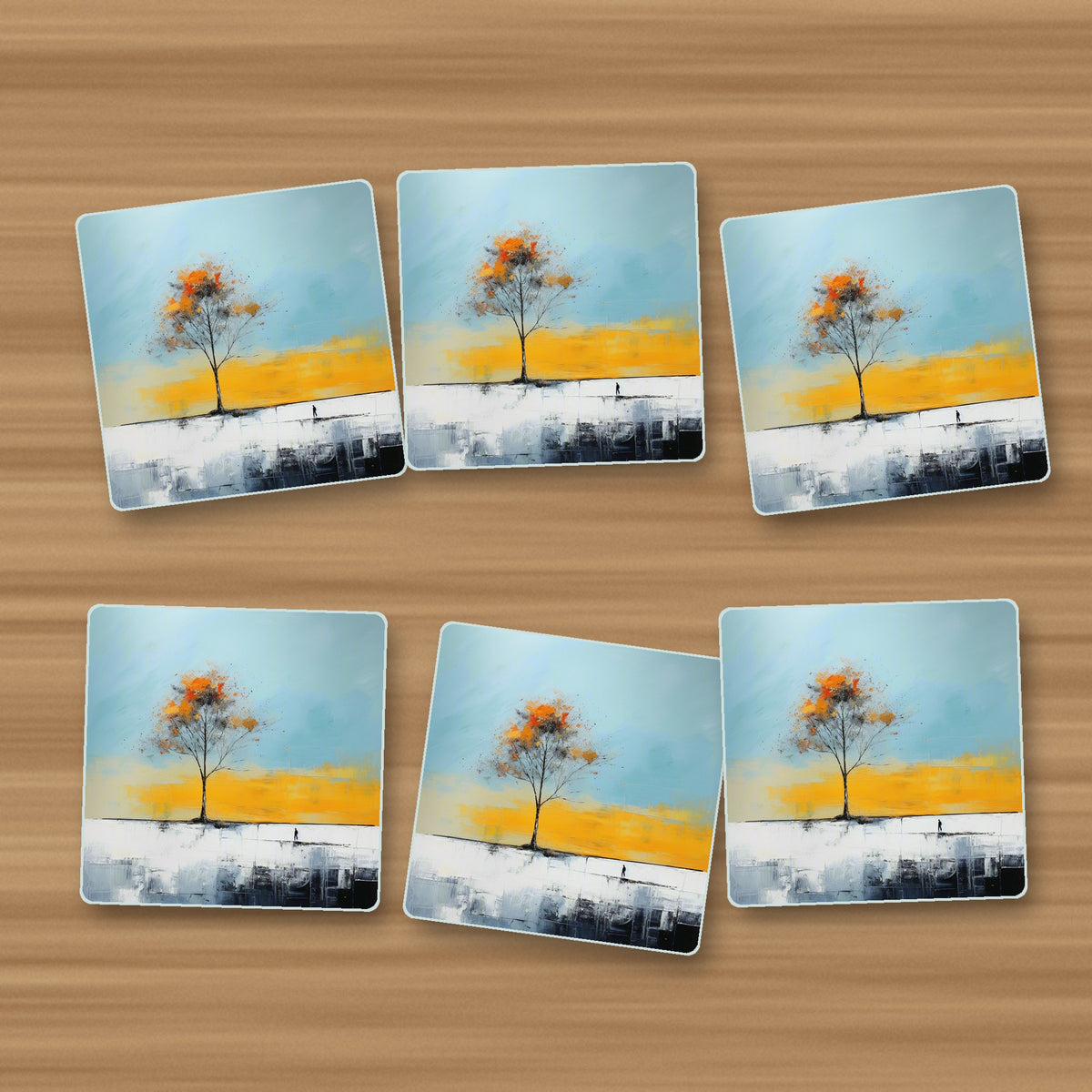 Lone Tree Abstract Landscape square glass coasters, set of 6, on an oak coffee table