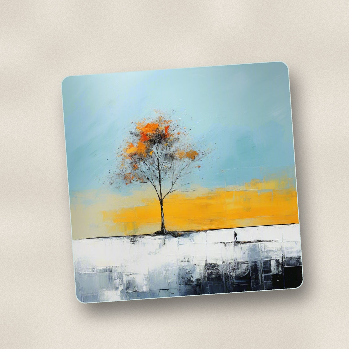 Close-up of one lone tree abstract landscape square glass coaster, flat UV print