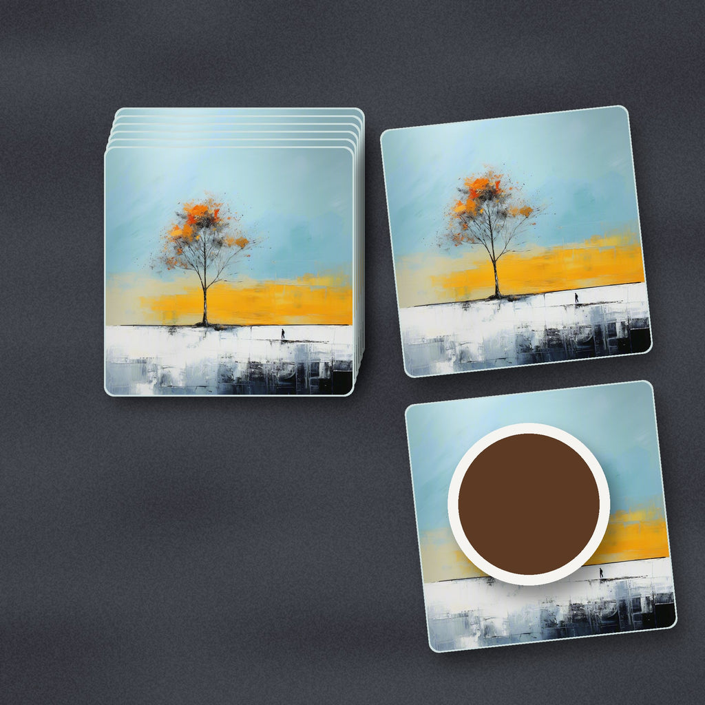 Lone Tree Abstract Landscape square glass coasters stacked on a slate kitchen worktop