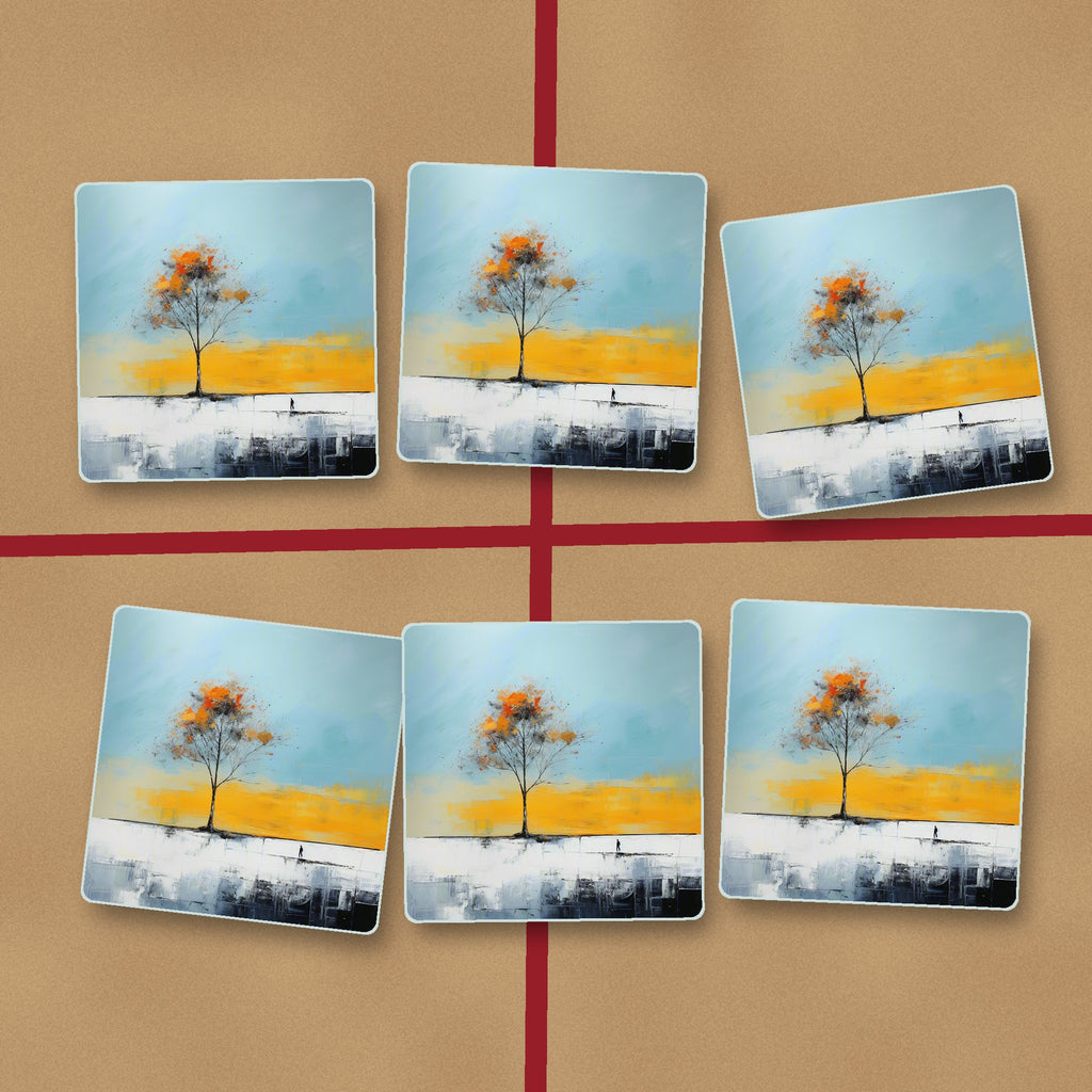 Lone Tree Abstract Landscape square glass coasters on kraft gift wrap