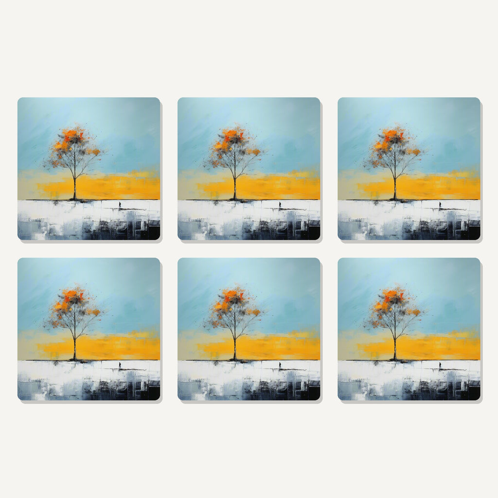 Flat lay of the lone tree abstract landscape artwork on six square coasters
