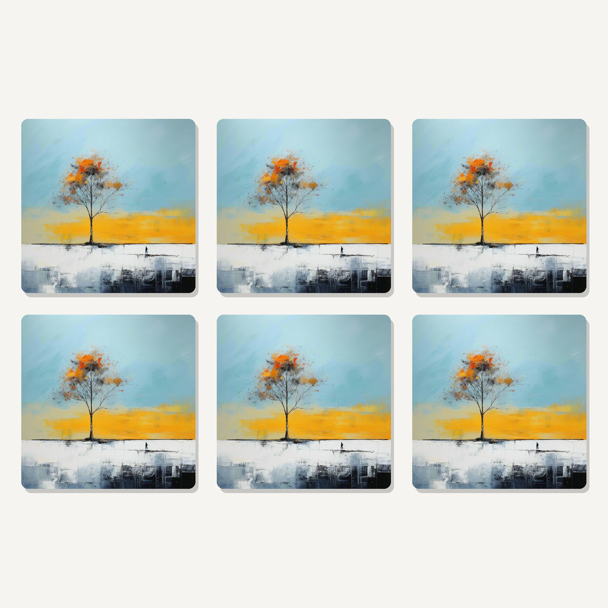 Flat lay of the lone tree abstract landscape artwork on six square coasters