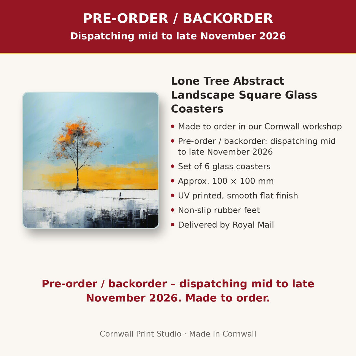 Info card: Lone Tree Abstract Landscape Square Glass Coasters – Set of 6, made to order, dispatching mid to late November 2026, delivered by Royal Mail