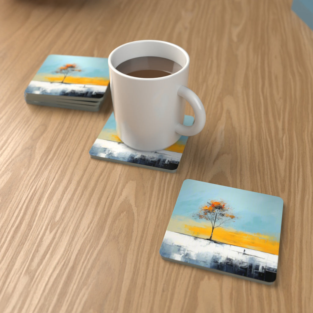 Lone Tree Abstract Landscape Square Glass Coasters – Set of 6 – lifestyle mockup with a mug of coffee