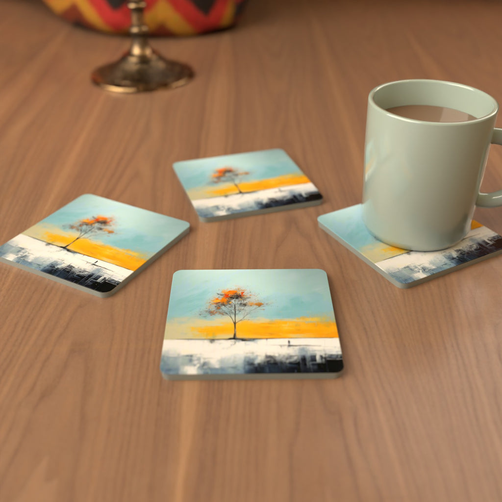 Lone Tree Abstract Landscape Square Glass Coasters – Set of 6 – cosy lifestyle mockup
