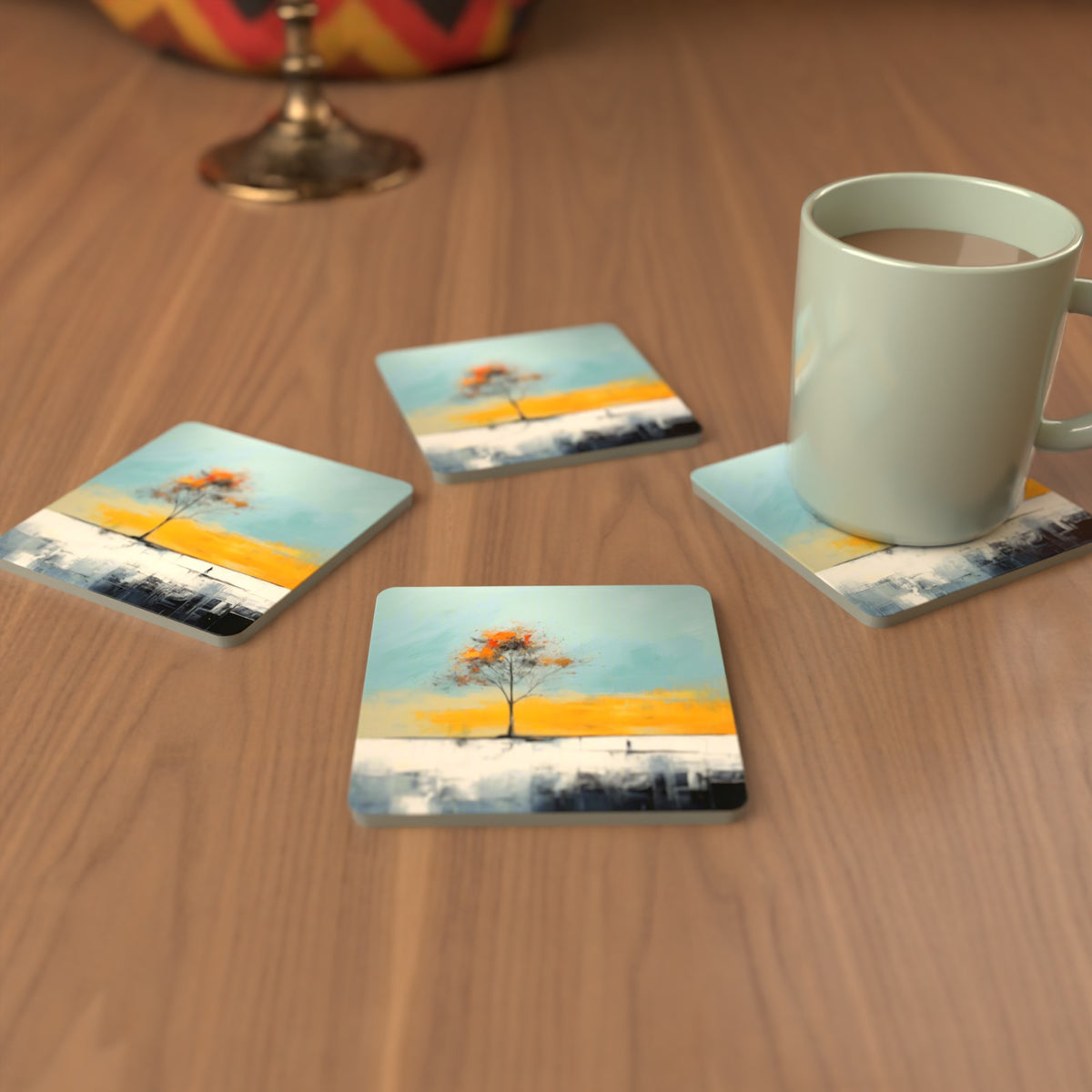 Lone Tree Abstract Landscape Square Glass Coasters – Set of 6 – cosy lifestyle mockup