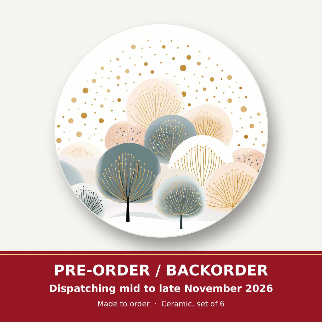 Minimalist Gold Dotted Trees round ceramic coaster set of 6 – pre-order / backorder, dispatching mid to late November 2026