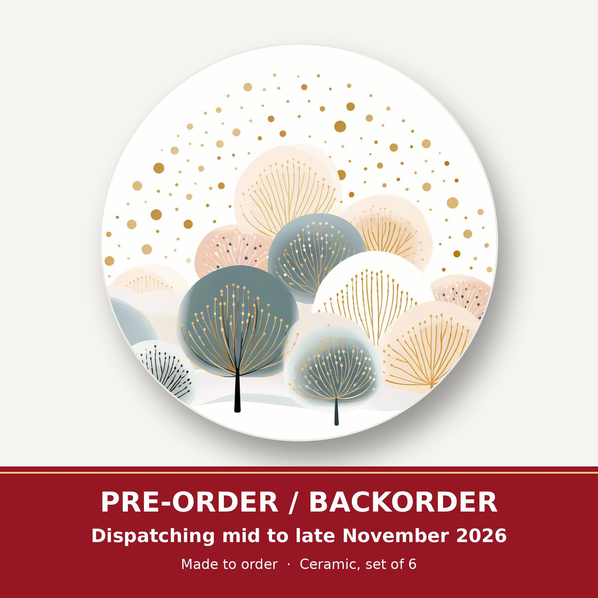 Minimalist Gold Dotted Trees round ceramic coaster set of 6 – pre-order / backorder, dispatching mid to late November 2026