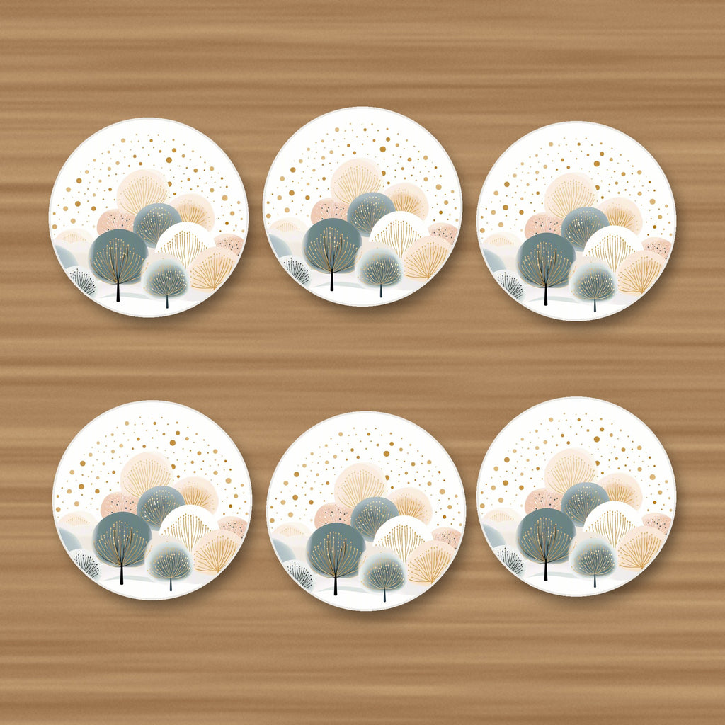 Minimalist Gold Dotted Trees round ceramic coasters, set of 6, on an oak coffee table