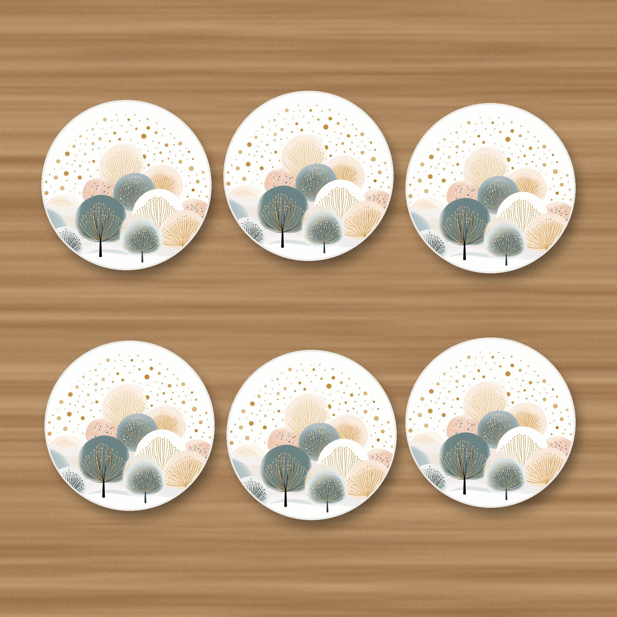 Minimalist Gold Dotted Trees round ceramic coasters, set of 6, on an oak coffee table