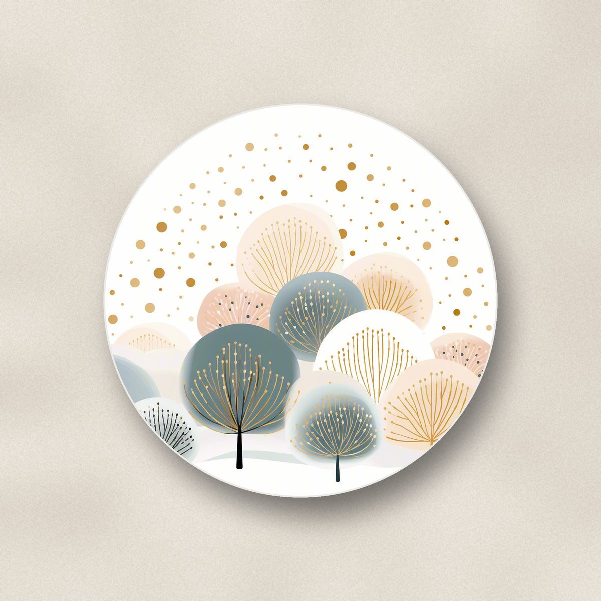 Close-up of one minimalist gold dotted trees round ceramic coaster, flat UV print