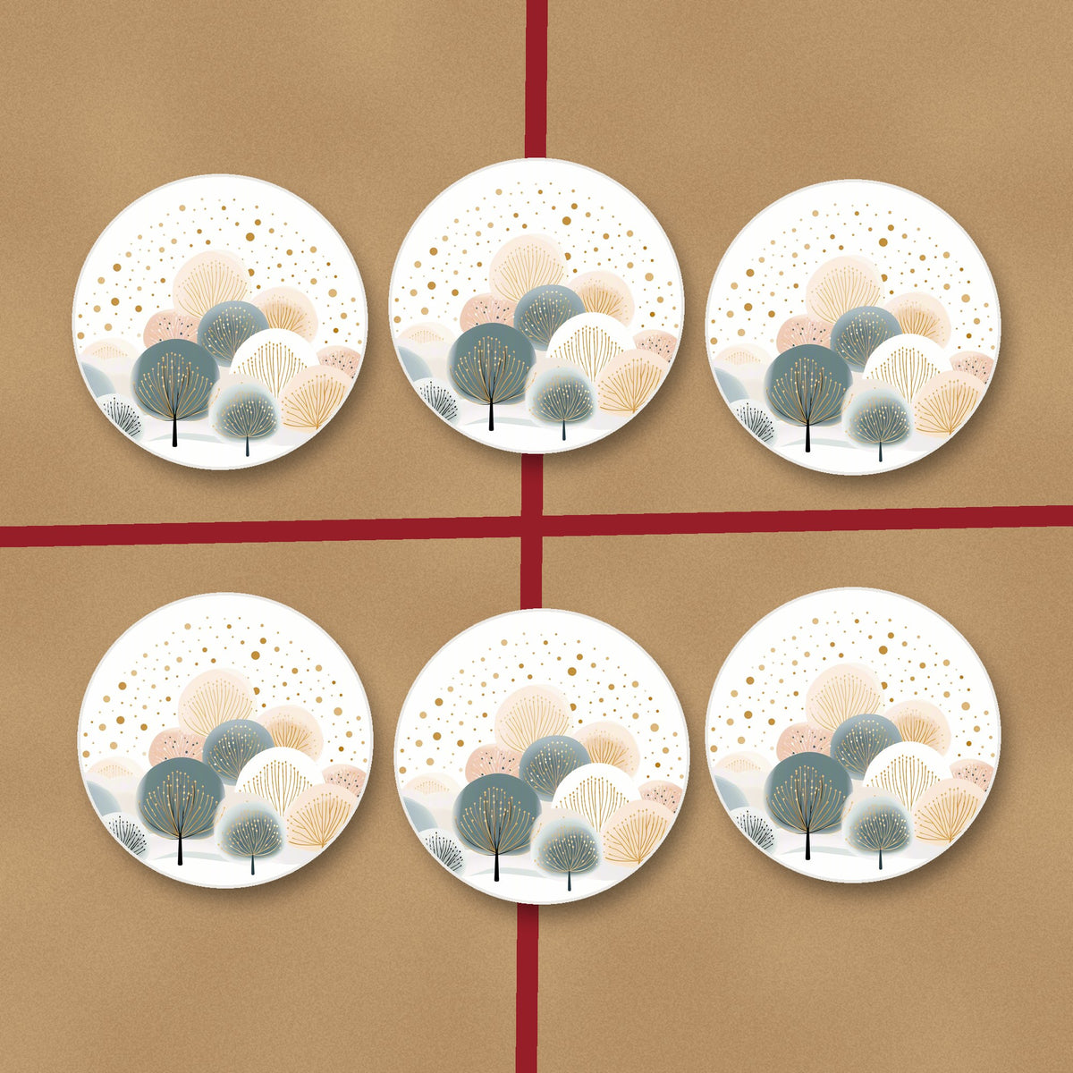 Minimalist Gold Dotted Trees round ceramic coasters on kraft gift wrap