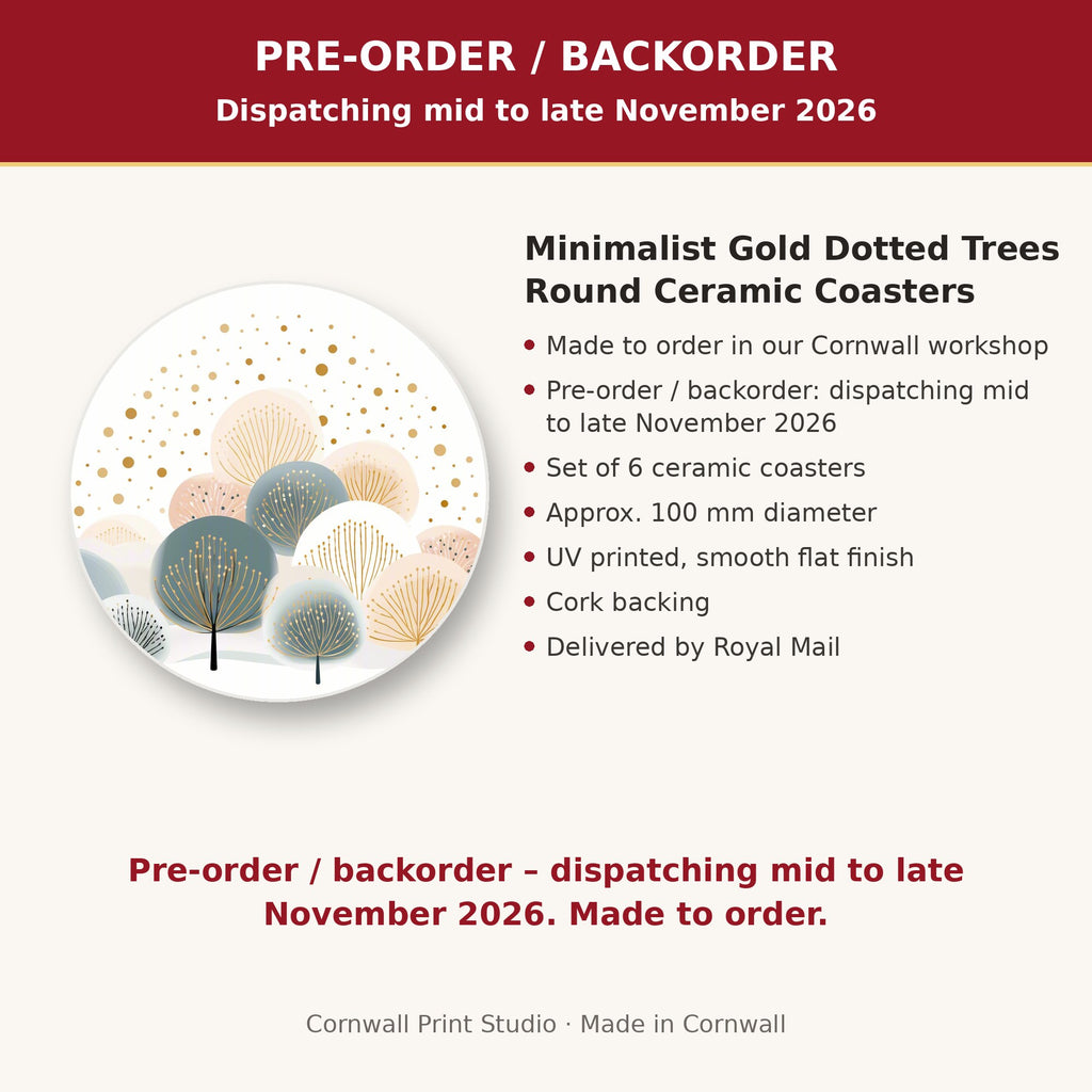 Info card: Minimalist Gold Dotted Trees Round Ceramic Coasters – Set of 6, made to order, dispatching mid to late November 2026, delivered by Royal Mail