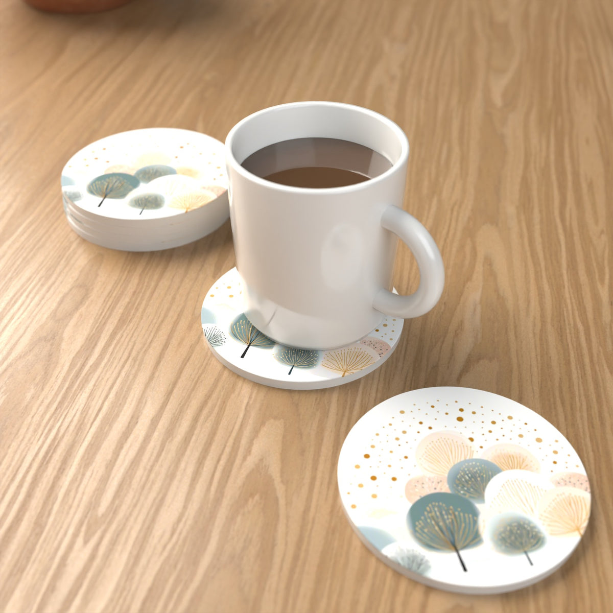 Minimalist Gold Dotted Trees Round Ceramic Coasters – Set of 6 – lifestyle mockup with a mug of coffee