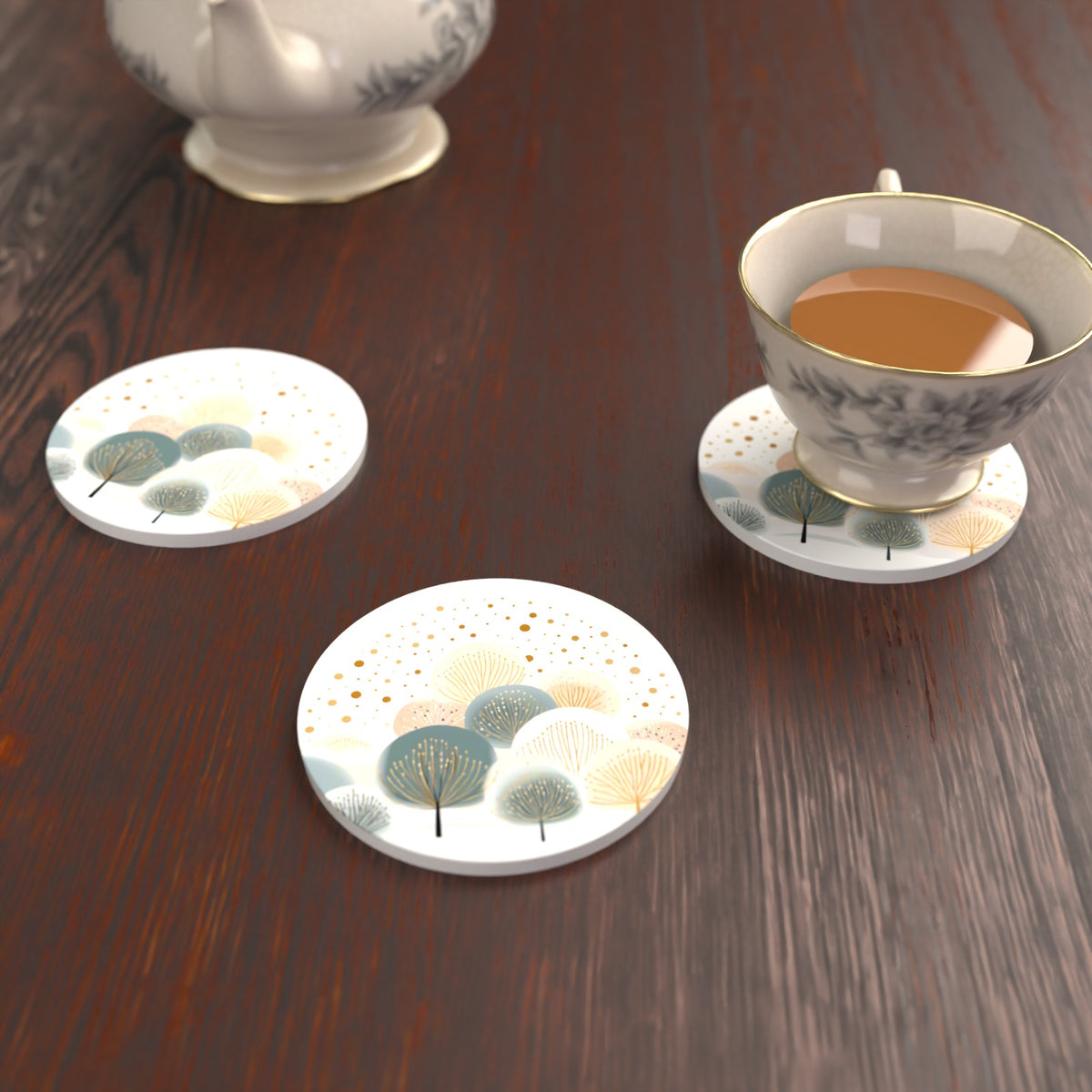 Minimalist Gold Dotted Trees Round Ceramic Coasters – Set of 6 – lifestyle mockup with a teacup