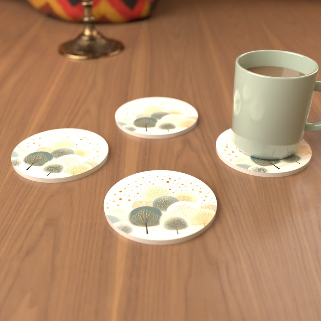 Minimalist Gold Dotted Trees Round Ceramic Coasters – Set of 6 – cosy lifestyle mockup