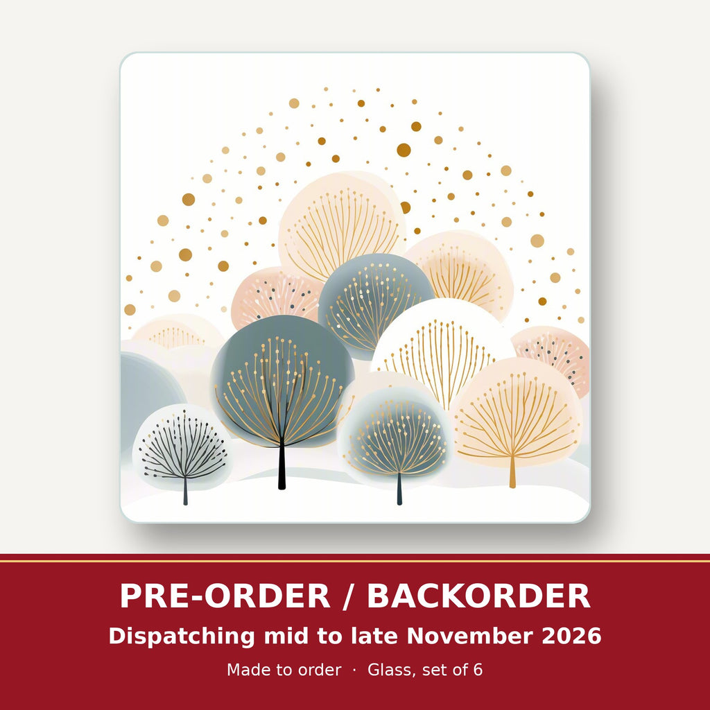 Minimalist Gold Dotted Trees square glass coaster set of 6 – pre-order / backorder, dispatching mid to late November 2026
