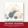 Minimalist Gold Dotted Trees square glass coaster set of 6 – pre-order / backorder, dispatching mid to late November 2026