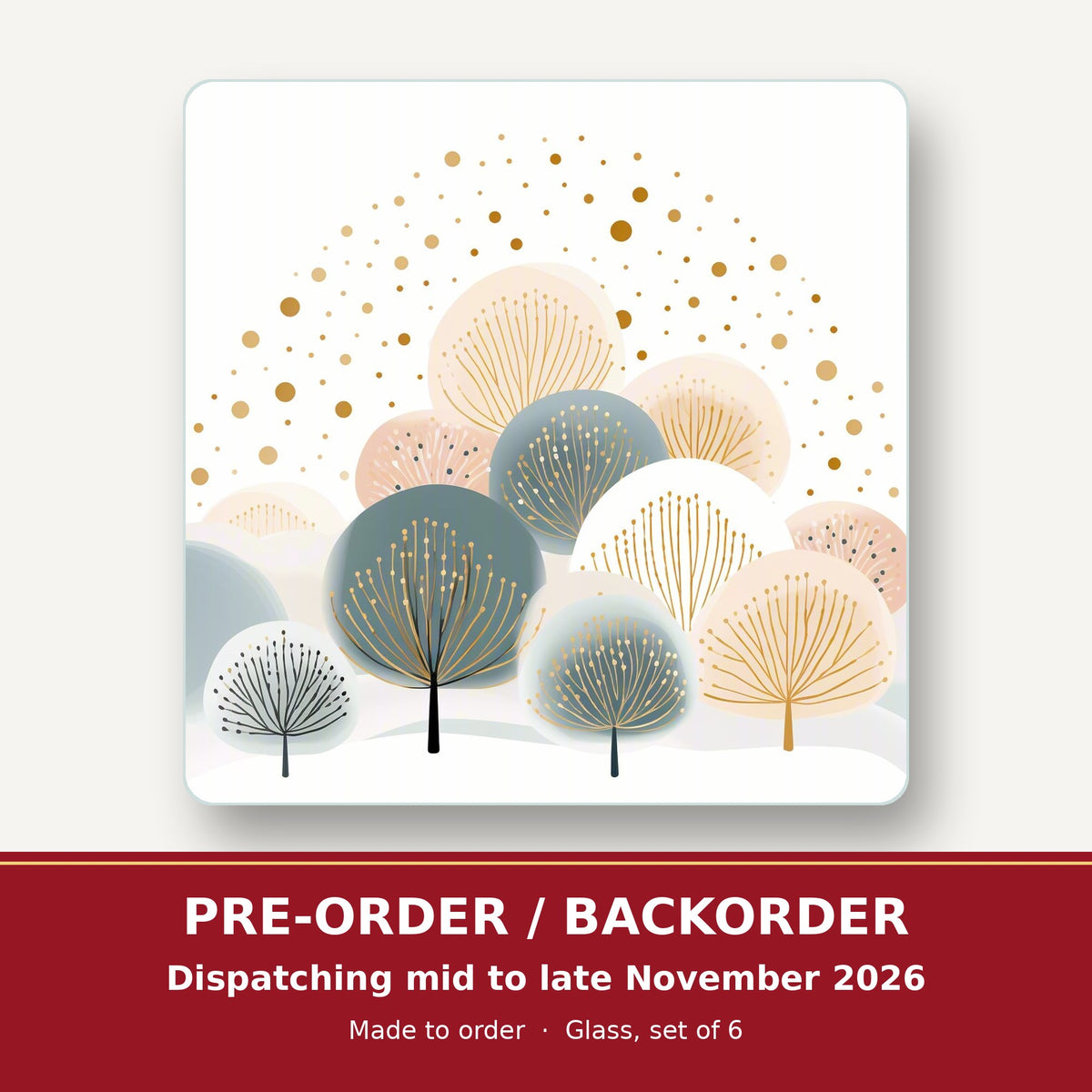 Minimalist Gold Dotted Trees square glass coaster set of 6 – pre-order / backorder, dispatching mid to late November 2026