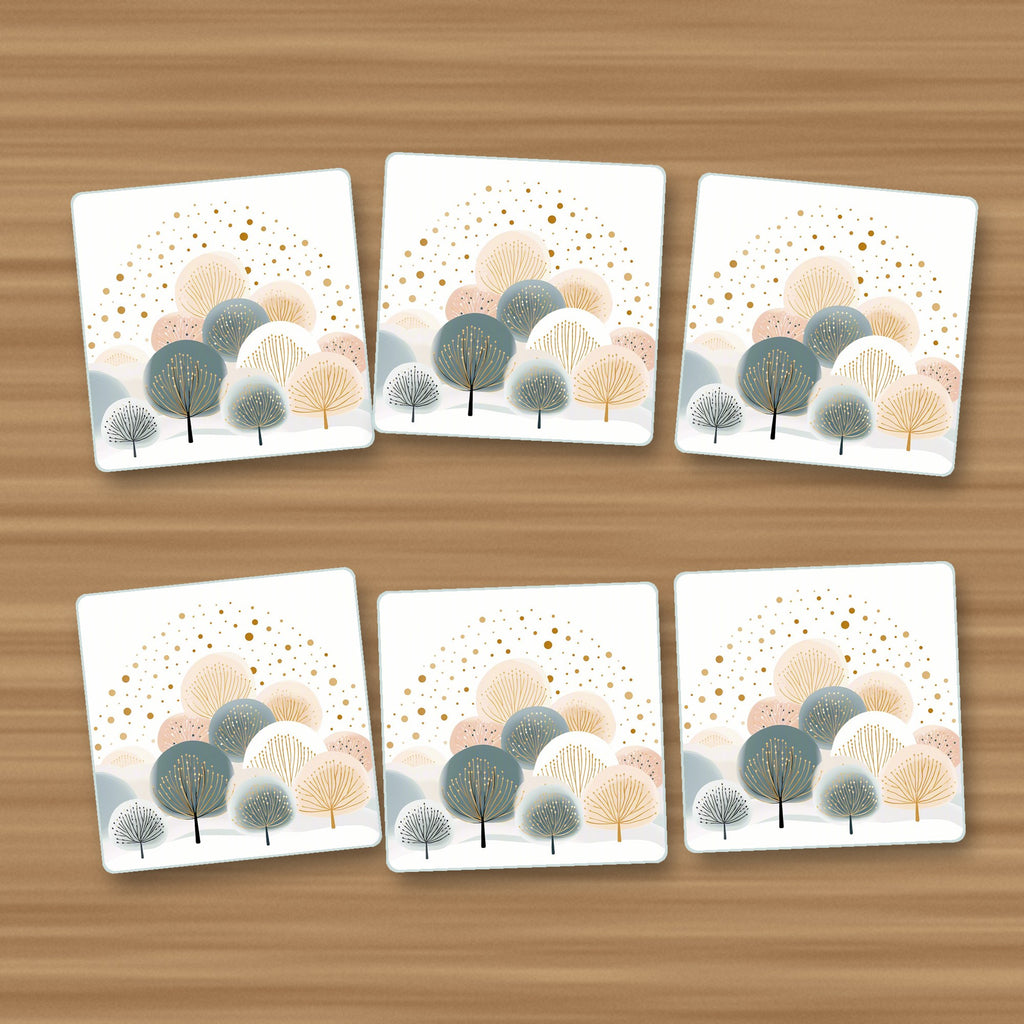 Minimalist Gold Dotted Trees square glass coasters, set of 6, on an oak coffee table