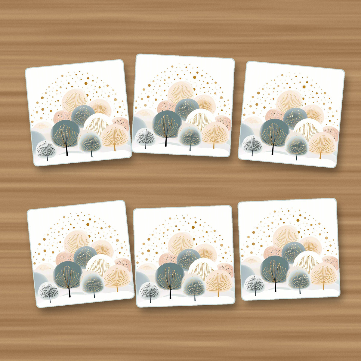 Minimalist Gold Dotted Trees square glass coasters, set of 6, on an oak coffee table