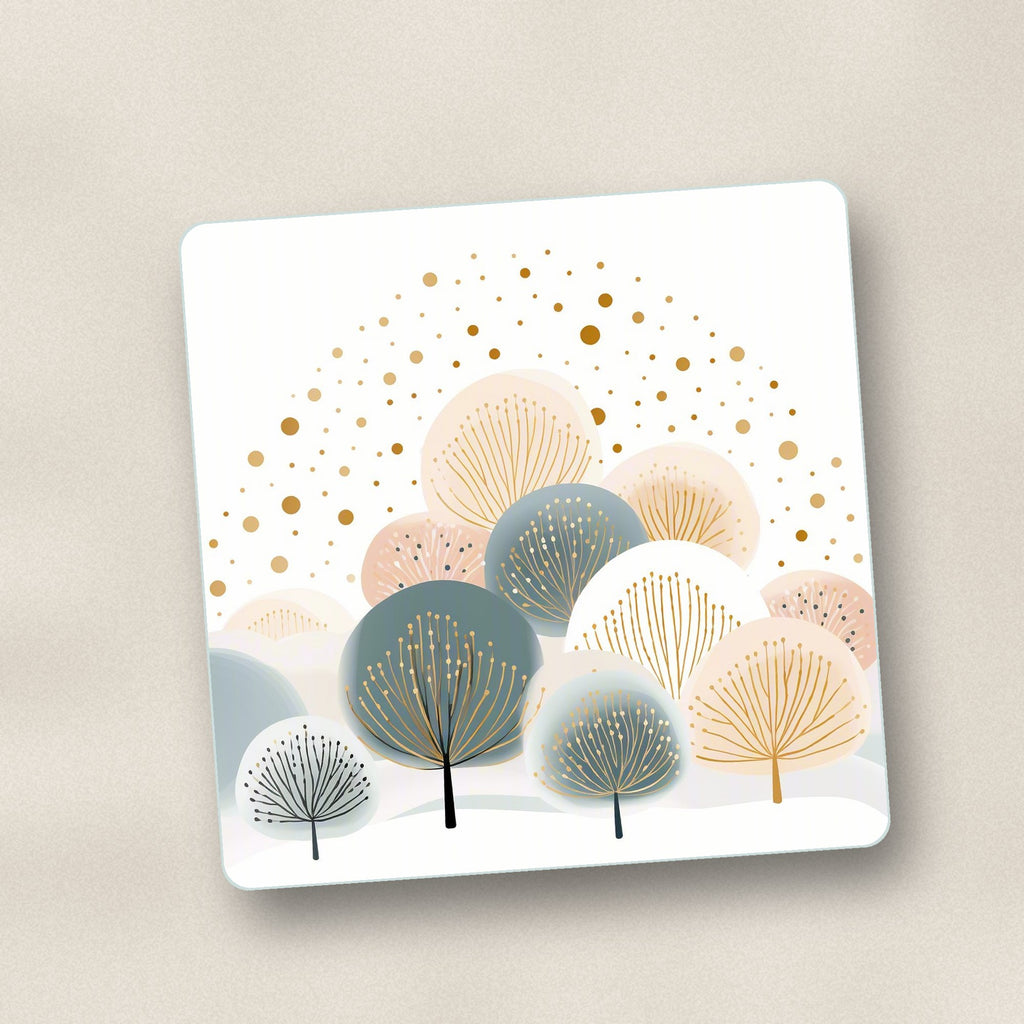Close-up of one minimalist gold dotted trees square glass coaster, flat UV print