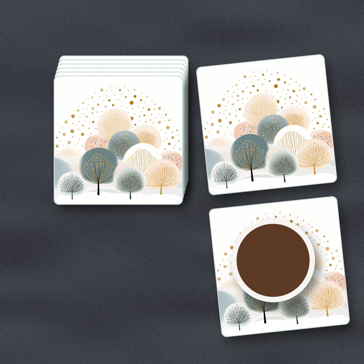 Minimalist Gold Dotted Trees square glass coasters stacked on a slate kitchen worktop