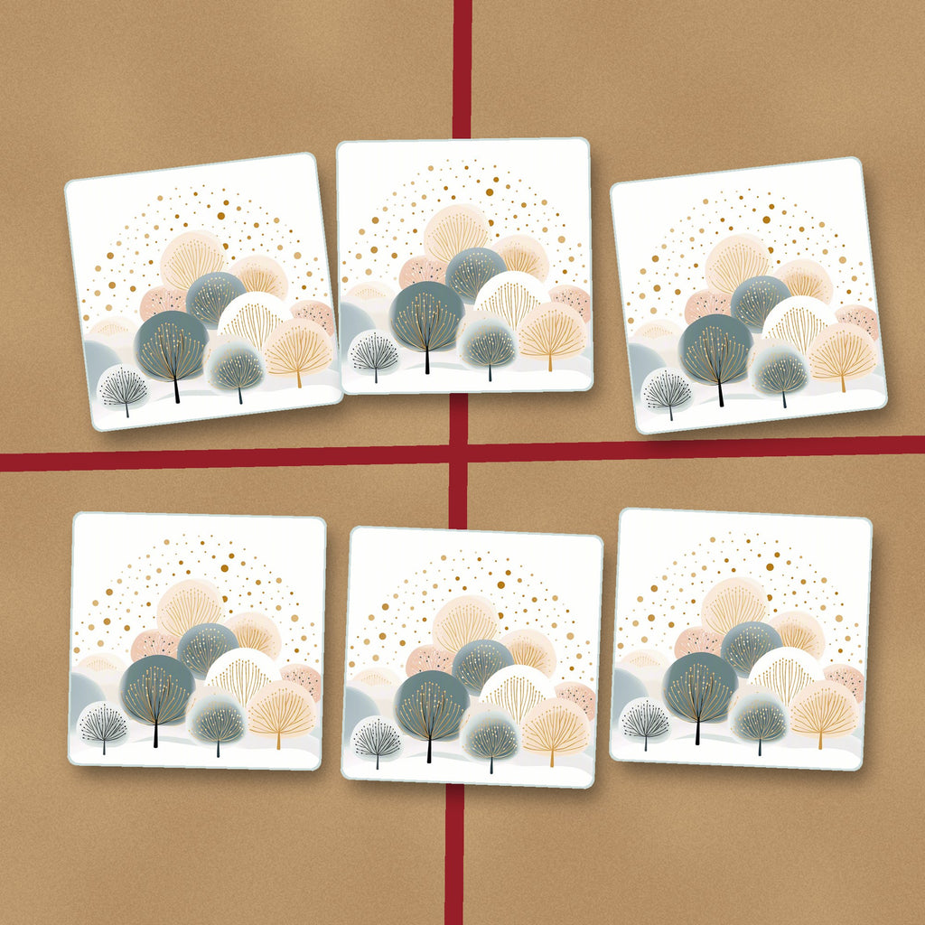 Minimalist Gold Dotted Trees square glass coasters on kraft gift wrap