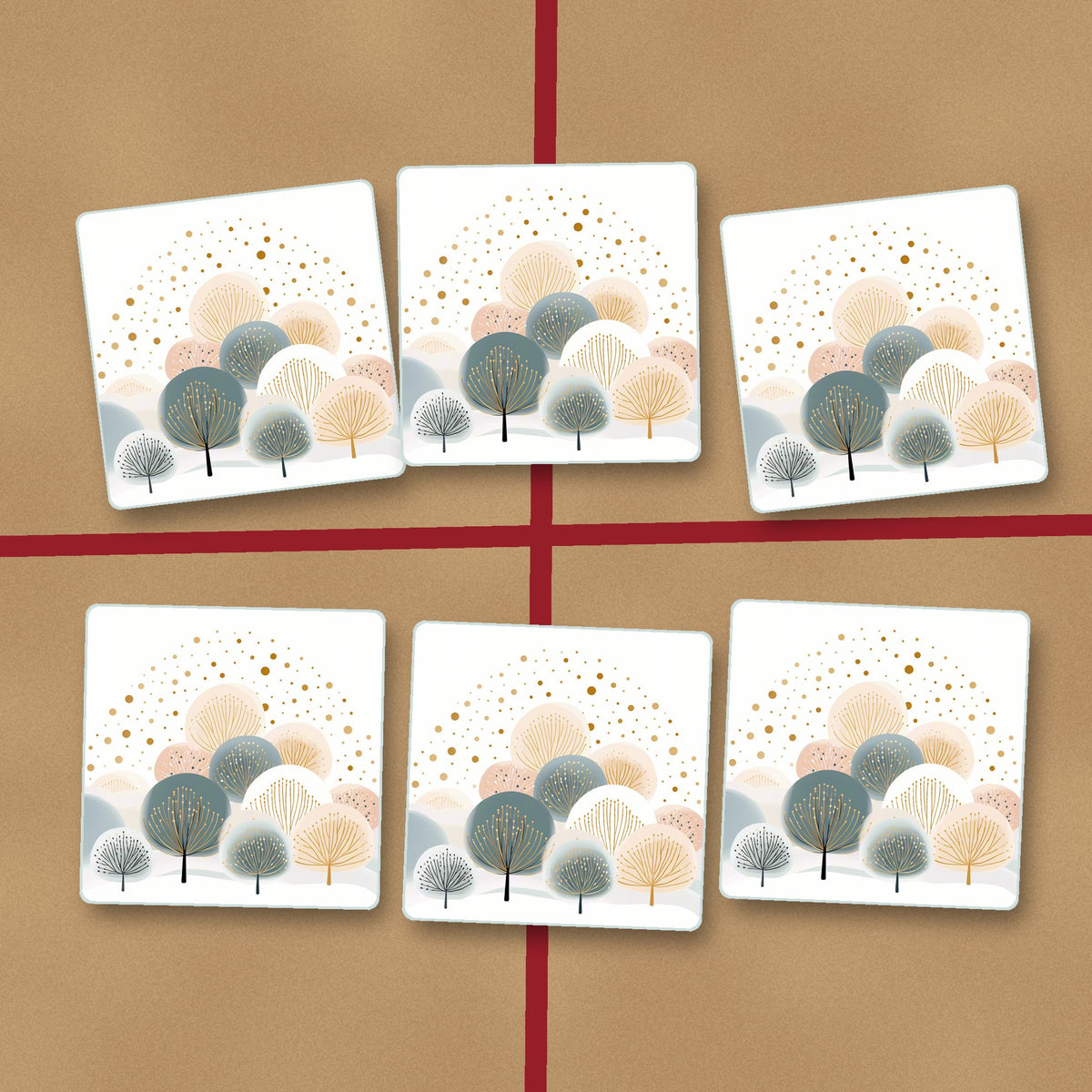 Minimalist Gold Dotted Trees square glass coasters on kraft gift wrap