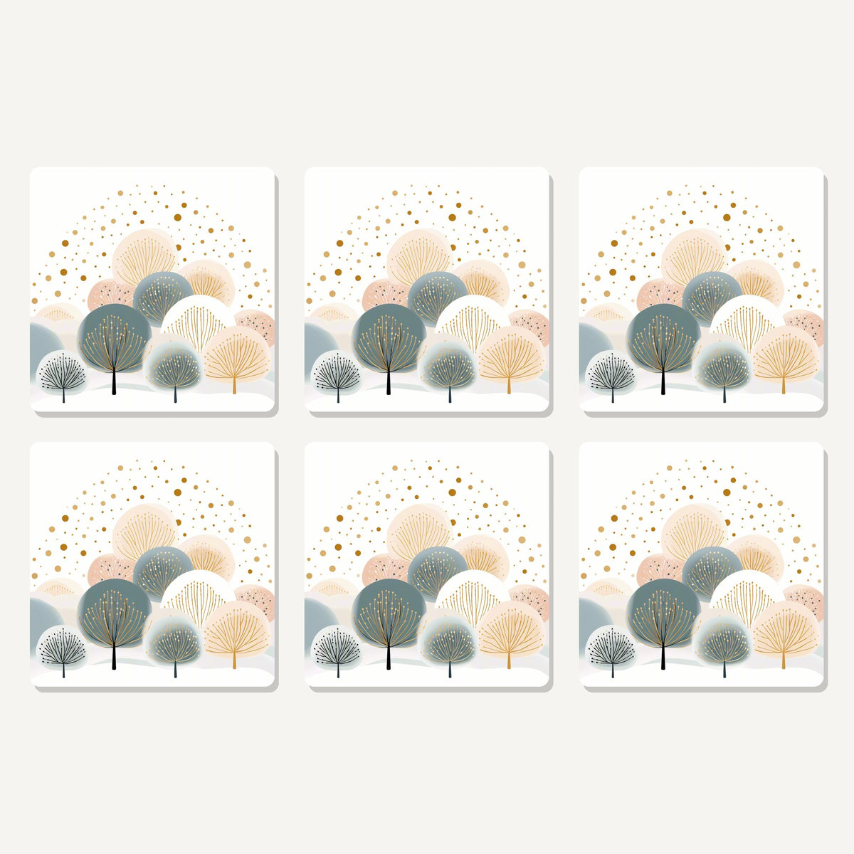 Flat lay of the minimalist gold dotted trees artwork on six square coasters