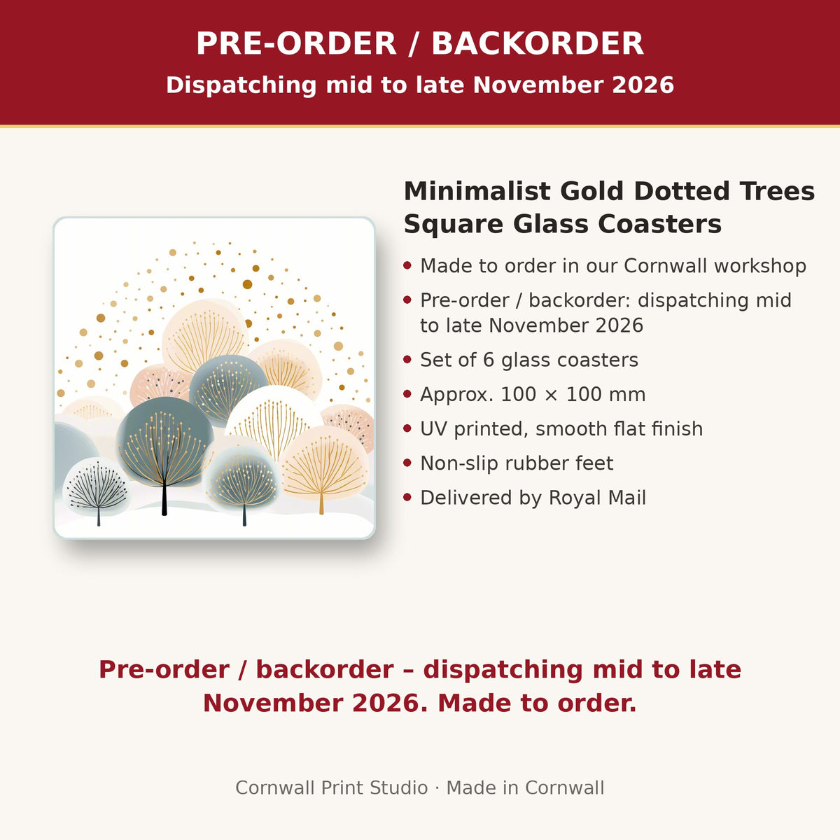 Info card: Minimalist Gold Dotted Trees Square Glass Coasters – Set of 6, made to order, dispatching mid to late November 2026, delivered by Royal Mail
