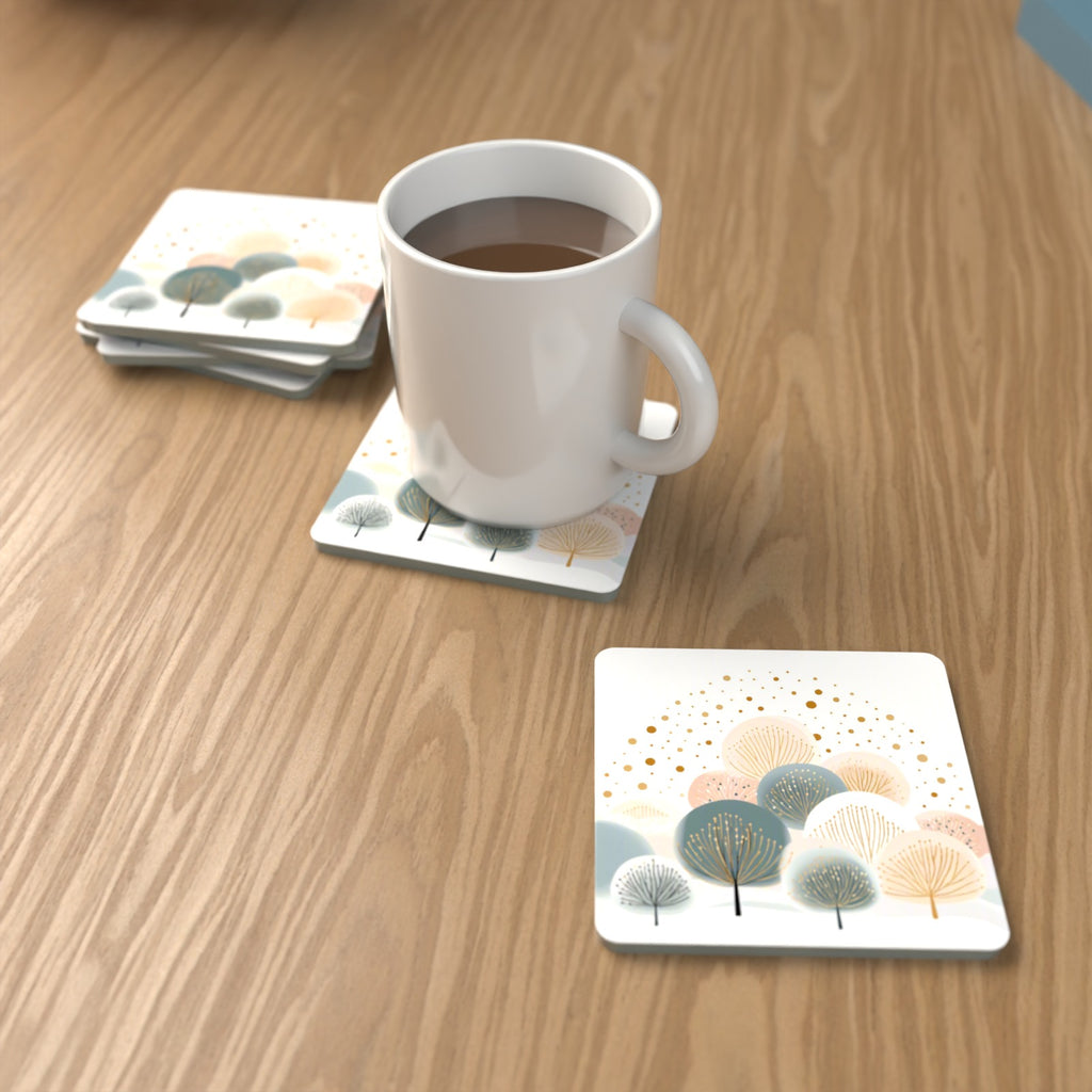 Minimalist Gold Dotted Trees Square Glass Coasters – Set of 6 – lifestyle mockup with a mug of coffee