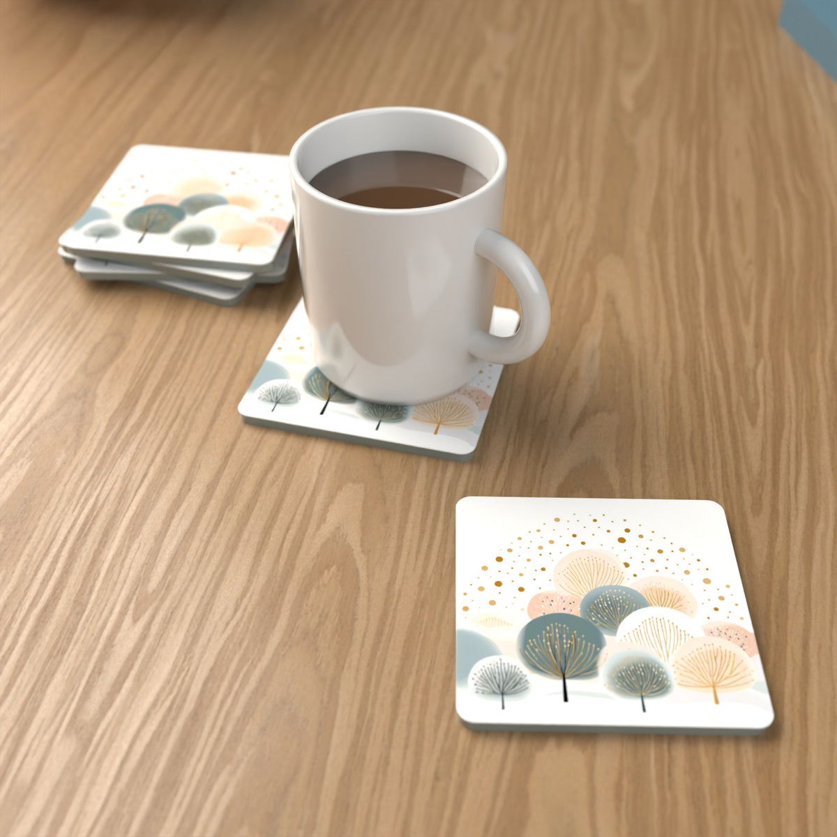 Minimalist Gold Dotted Trees Square Glass Coasters – Set of 6 – lifestyle mockup with a mug of coffee