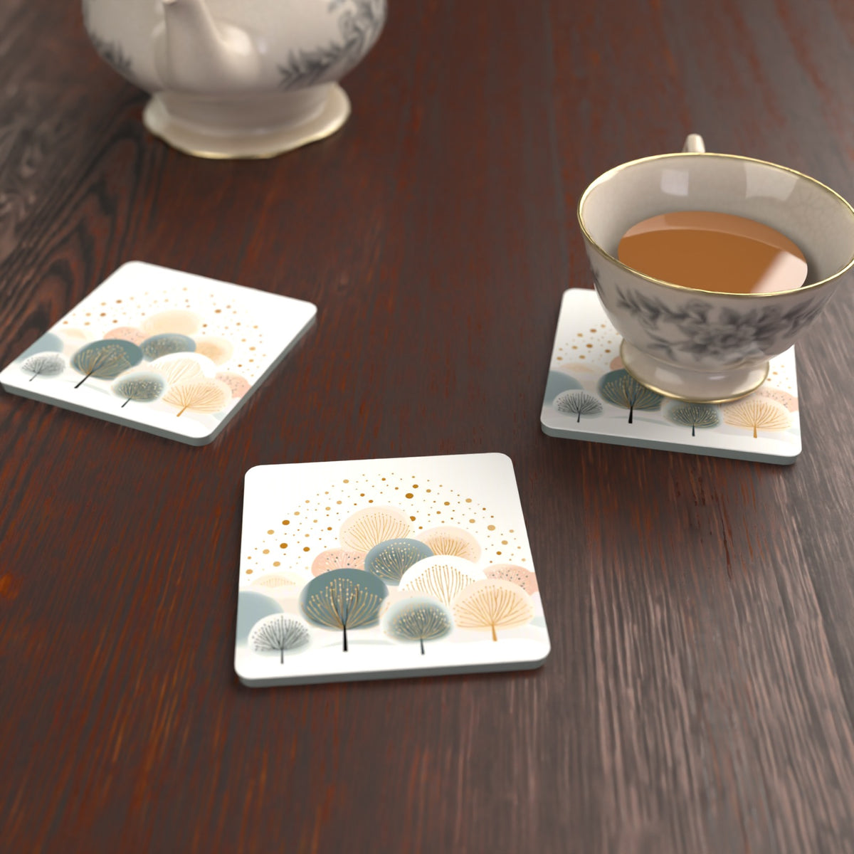 Minimalist Gold Dotted Trees Square Glass Coasters – Set of 6 – lifestyle mockup with a teacup