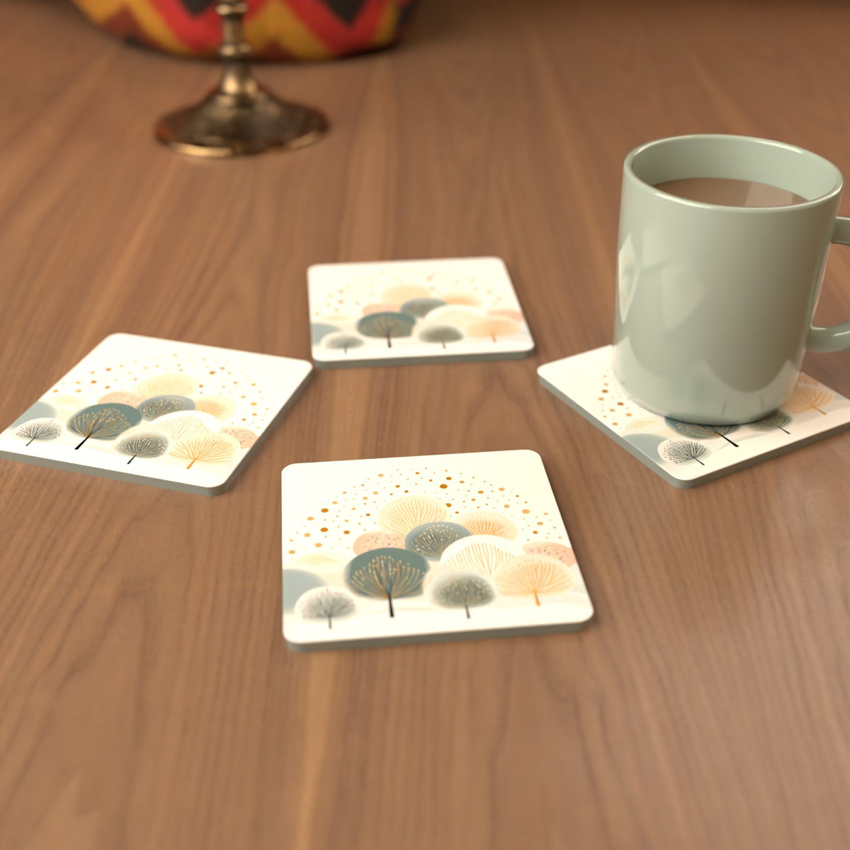 Minimalist Gold Dotted Trees Square Glass Coasters – Set of 6 – cosy lifestyle mockup