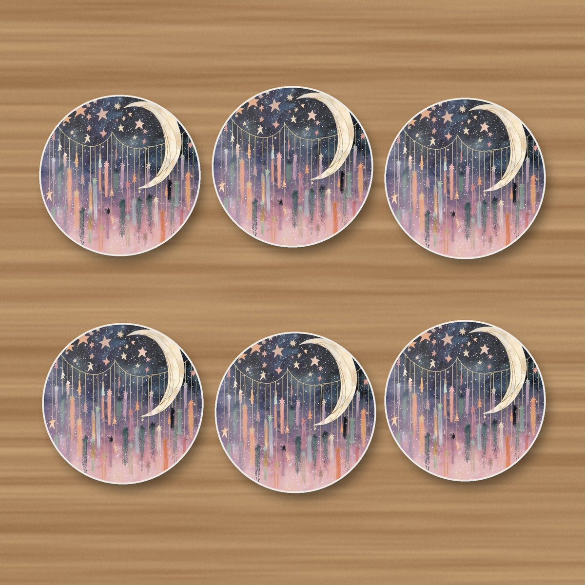 Crescent Moon & Star Curtain round ceramic coasters, set of 6, on an oak coffee table