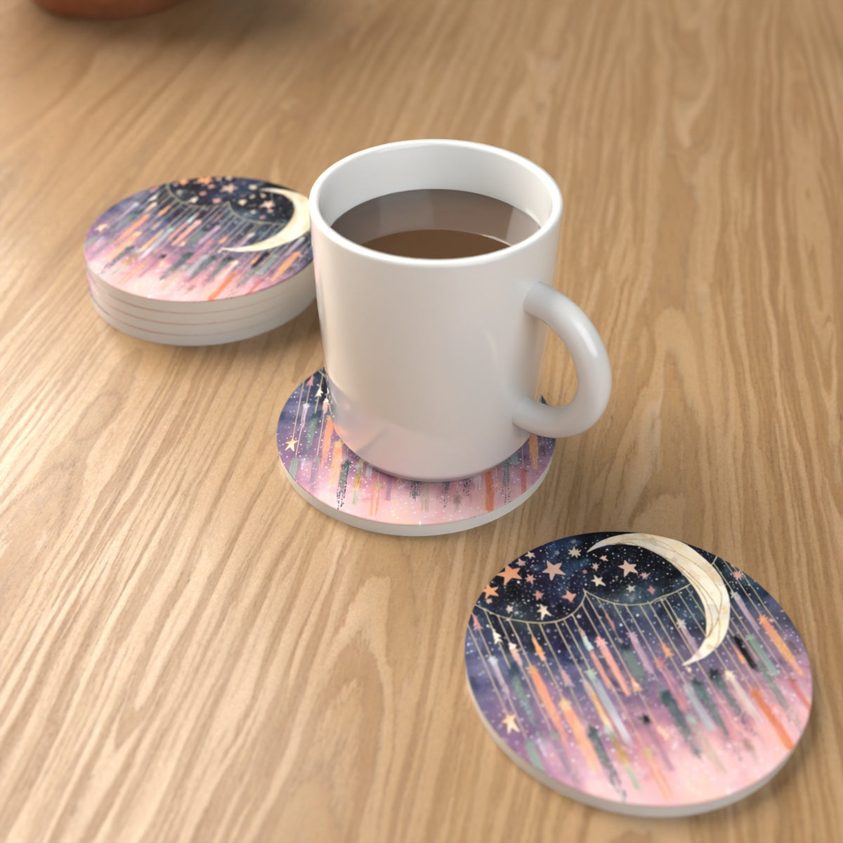 Crescent Moon & Star Curtain Round Ceramic Coasters – Set of 6 – lifestyle mockup with a mug of coffee