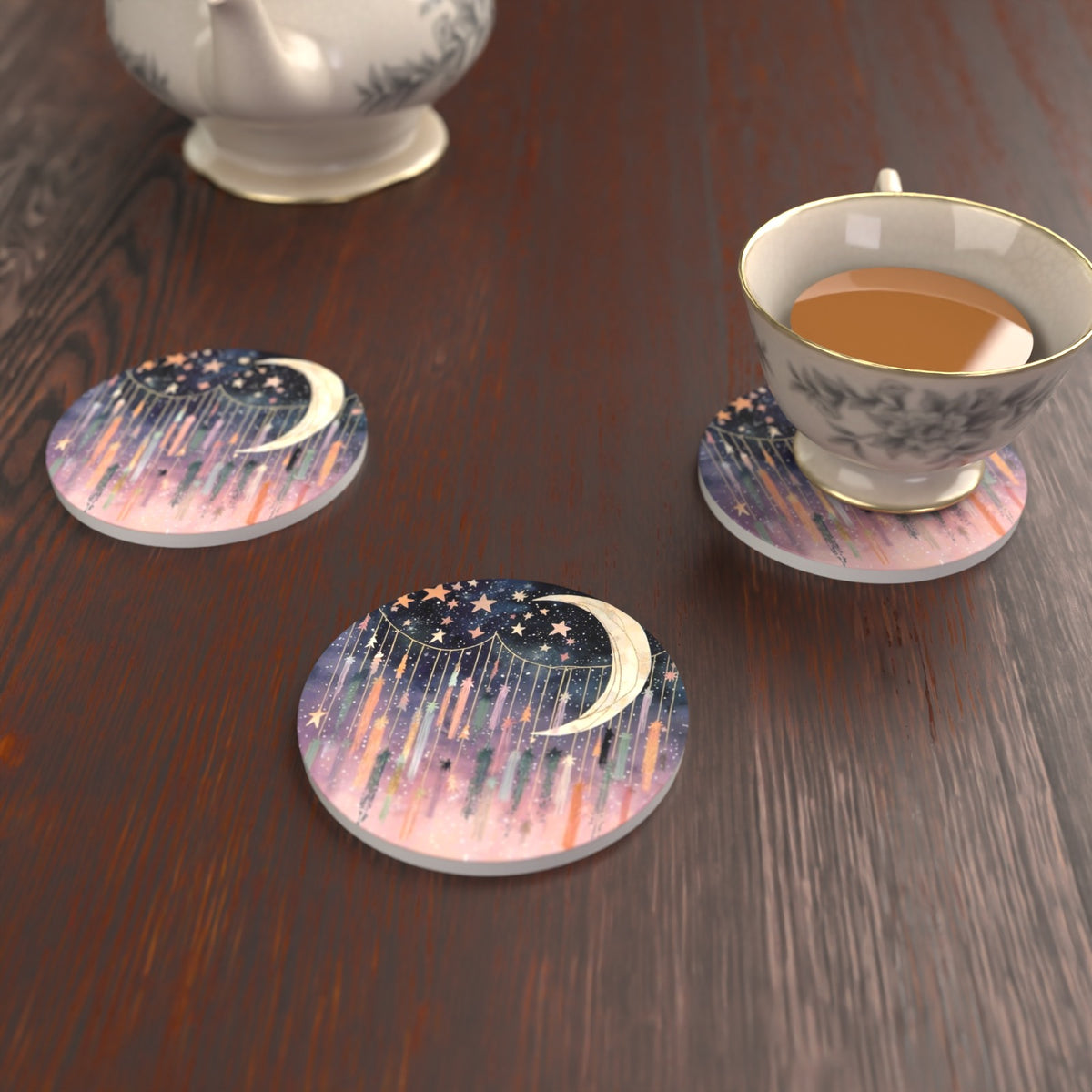 Crescent Moon & Star Curtain Round Ceramic Coasters – Set of 6 – lifestyle mockup with a teacup