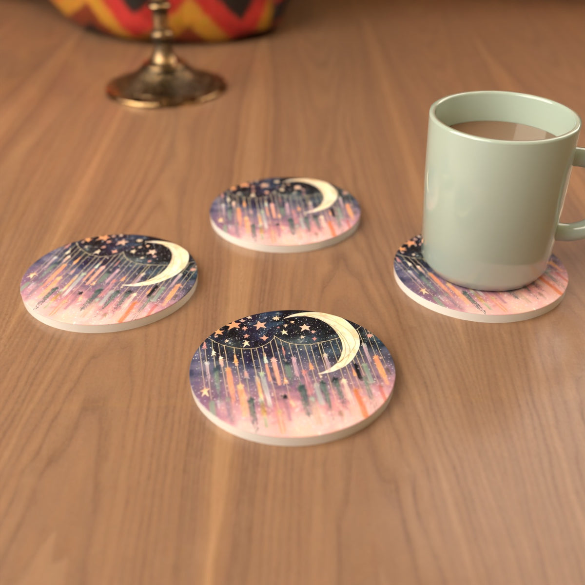 Crescent Moon & Star Curtain Round Ceramic Coasters – Set of 6 – cosy lifestyle mockup