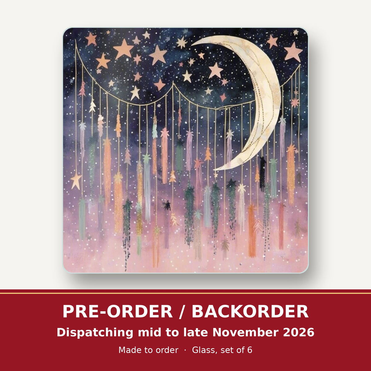 Crescent Moon & Star Curtain square glass coaster set of 6 – pre-order / backorder, dispatching mid to late November 2026