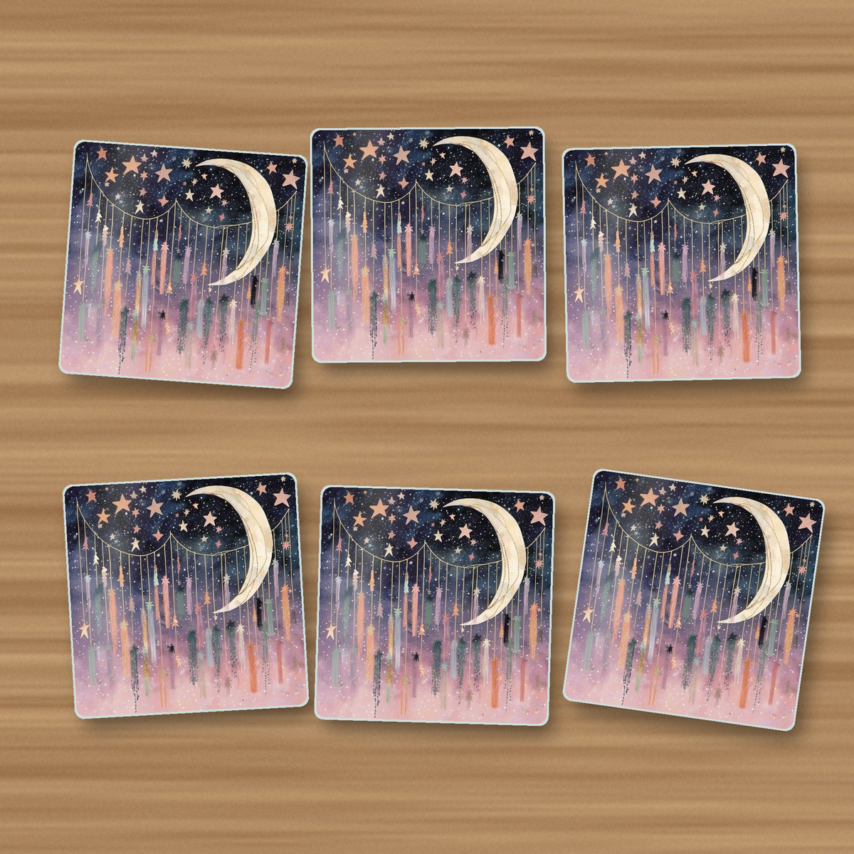 Crescent Moon & Star Curtain square glass coasters, set of 6, on an oak coffee table