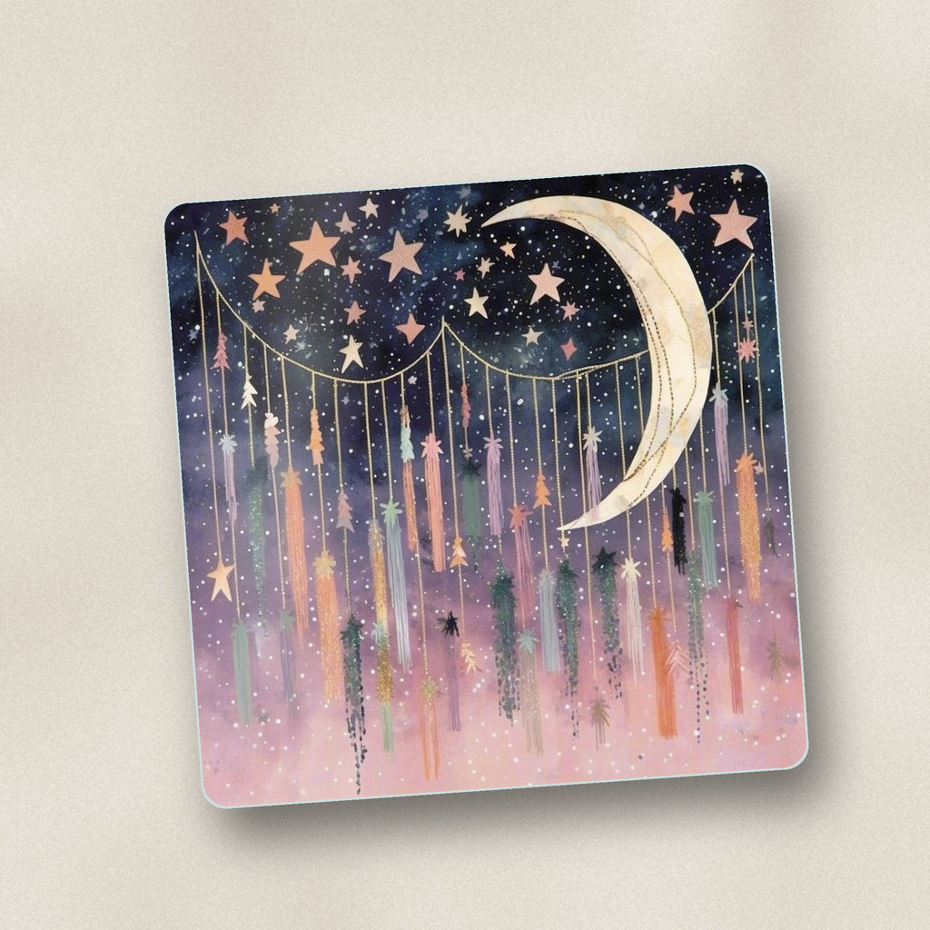 Close-up of one crescent moon & star curtain square glass coaster, flat UV print
