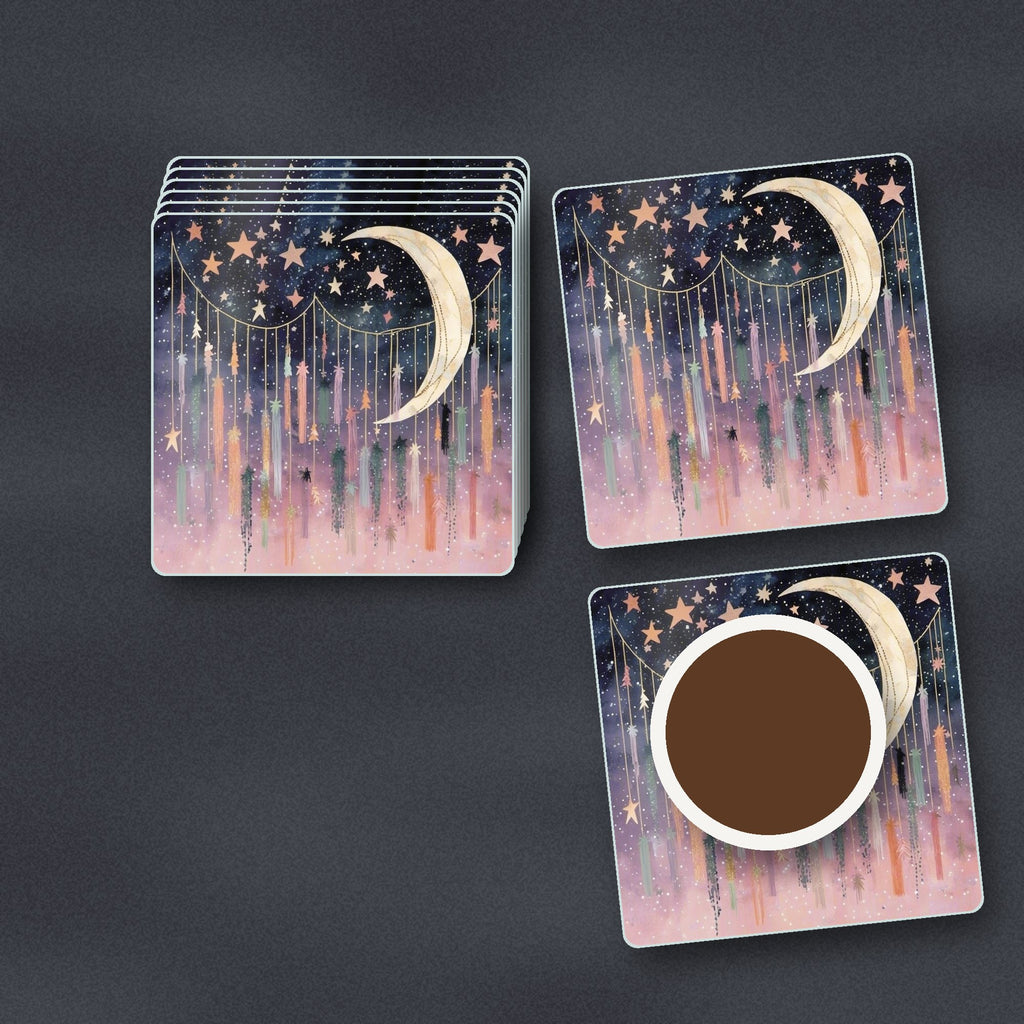 Crescent Moon & Star Curtain square glass coasters stacked on a slate kitchen worktop