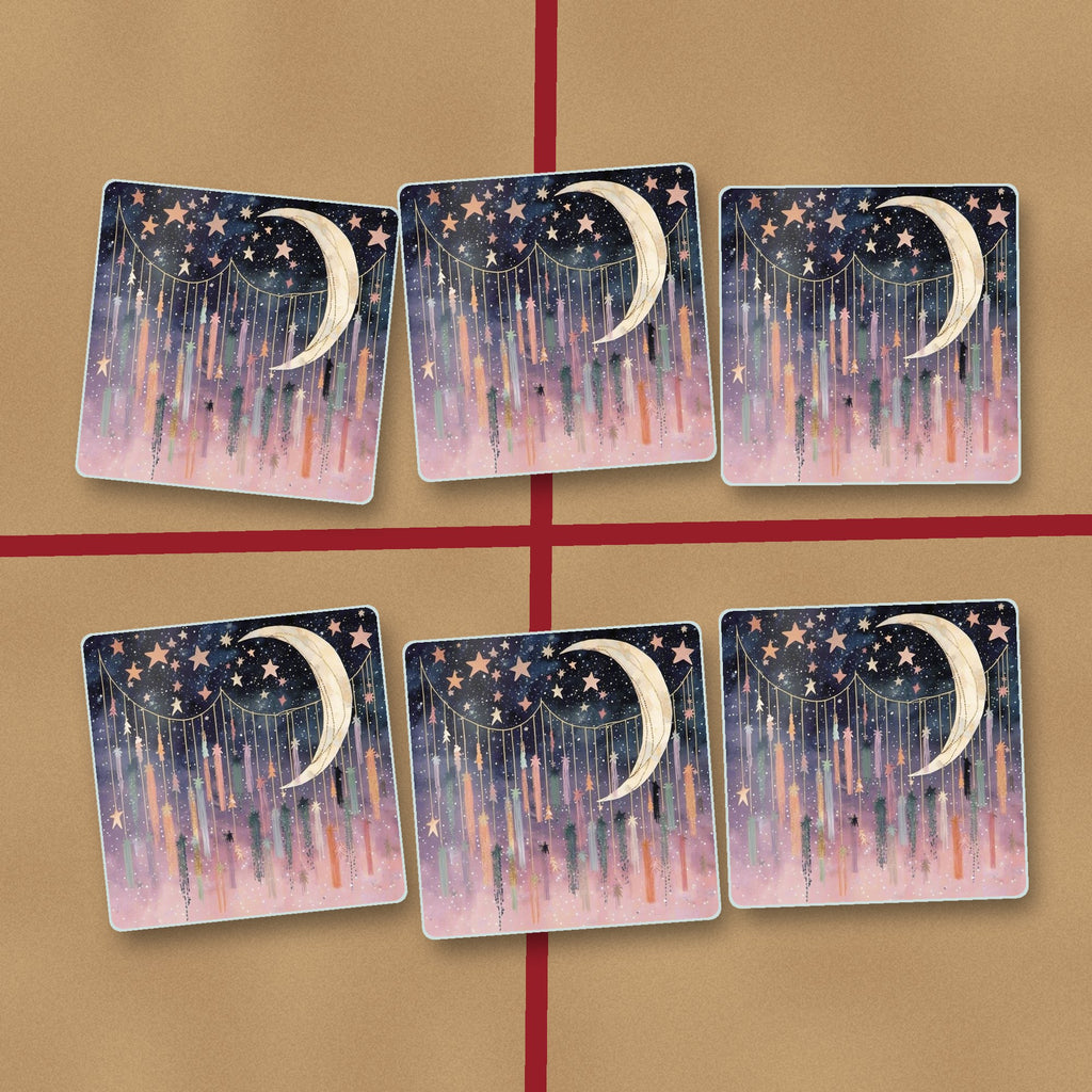 Crescent Moon & Star Curtain square glass coasters on kraft gift wrap