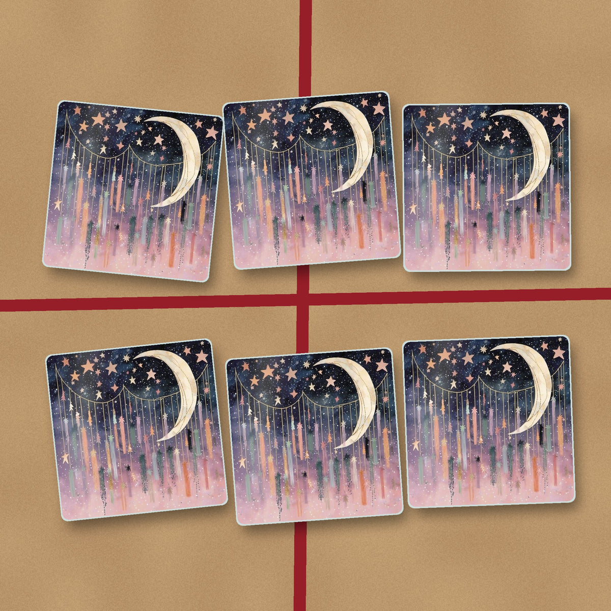 Crescent Moon & Star Curtain square glass coasters on kraft gift wrap