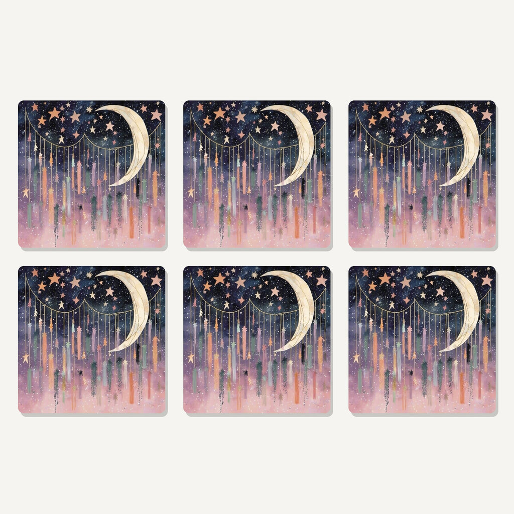 Flat lay of the crescent moon & star curtain artwork on six square coasters
