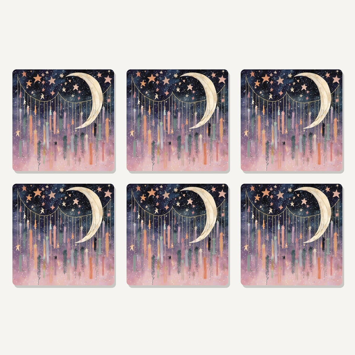 Flat lay of the crescent moon & star curtain artwork on six square coasters