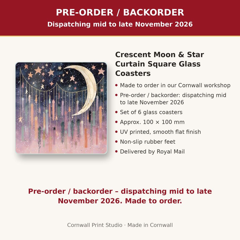 Info card: Crescent Moon & Star Curtain Square Glass Coasters – Set of 6, made to order, dispatching mid to late November 2026, delivered by Royal Mail
